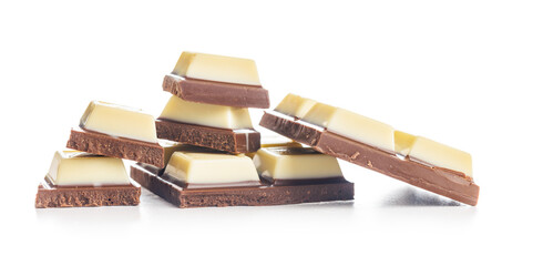 White light dark chocolate bars isolated on white background.