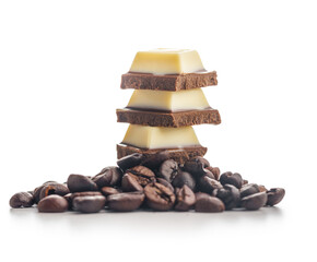 White light dark chocolate bars and coffee beans isolated on white background.