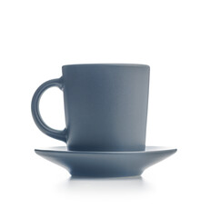 Dark coffee cup and saucer isolated on white background.