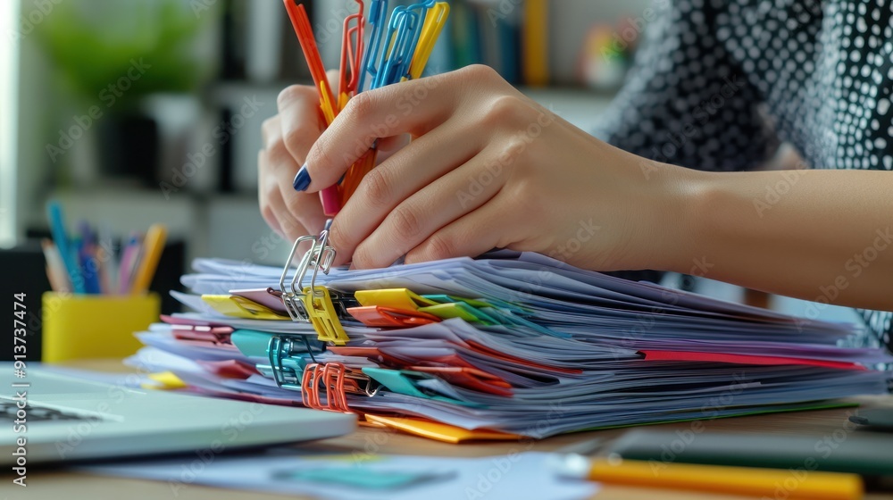 Aufkleber person's hand adding paper clips to a large stack of documents