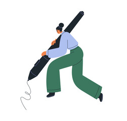 Obraz premium Designer holding stylus, sketching and drawing. Creative tiny woman, digital artist with huge electronic pen, designing. Professional illustrator. Flat vector illustration isolated on white background