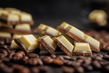 White light dark chocolate bars and coffee beans on black table.