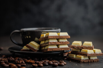 White light dark chocolate bars and coffee beans on black table.