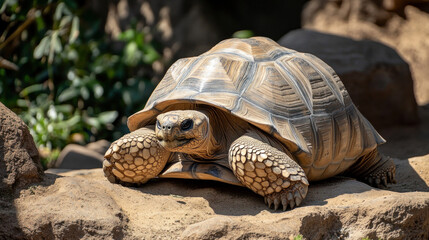 The African Sulcata tortoise lives in Africa, where it spends its days resting in gardens or basking in the sun. It has a protective shell that keeps it safe from predators.