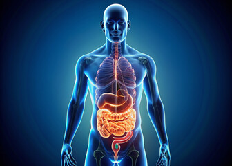 Illustrated male silhouette showcases the gut-brain connection, highlighting the enteric nervous system, small and large intestine, and signals between the brain and digestive tract.