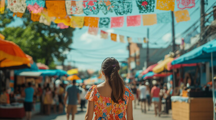 Obraz premium A woman is walking down a street with many people and colorful banners