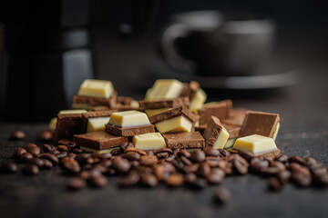 White light dark chocolate bars and coffee beans on black table.