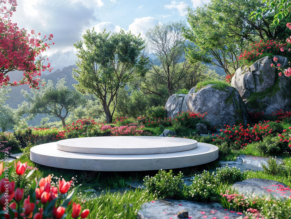 Poster empty round podium displaying in a beautiful green garden with blooming flowers and trees, perfect f