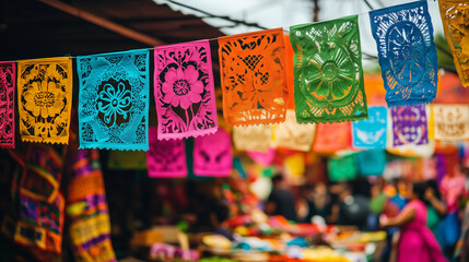 Fototapeta premium A colorful display of paper lanterns hangs from a building