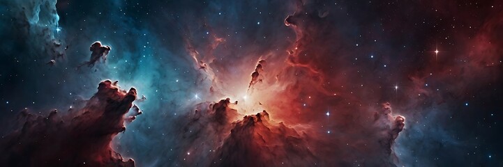 Fototapeta premium Unique space illustration background red and blue themed nebulas and interstellar clouds with stars in distance