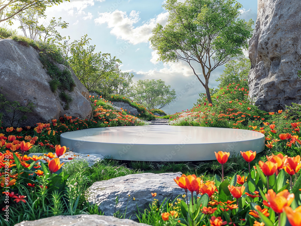 Poster empty round podium displaying product with colorful flowers in a garden with big stones and trees on