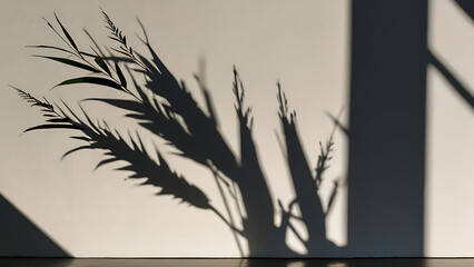 White Wall with Plant Shadow, Sunlight from Window, Minimalist Composition, Green Leaves, Soft and Natural Light, Calm Interior Atmosphere, Artistic and Tranquil Silhouette