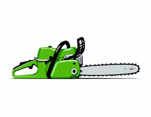 Side view green chainsaw realistic on white