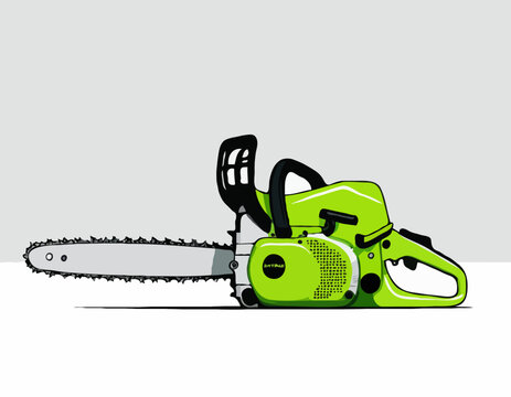 recommend clip art: Side view green chainsaw realistic on white