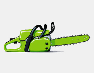 Detailed Green Chainsaw Displayed in Profile, Isolated on a White Backdrop, Realistic Design Ideal for Equipment Graphics.