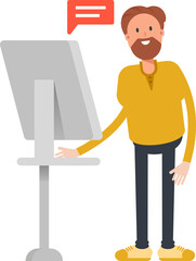Beard Man Character Working on Computer
