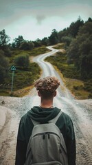A person contemplates the path ahead at a fork in a winding road through lush greenery