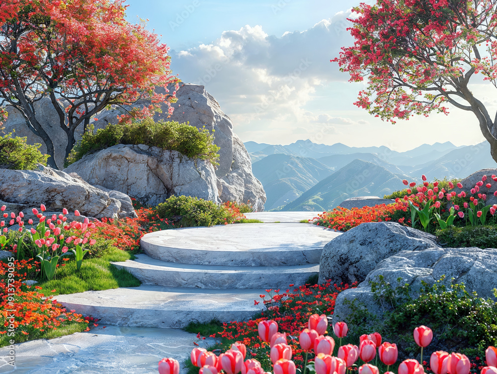 Aufkleber empty stone platform with colorful flowers and lush greenery in a mountain background