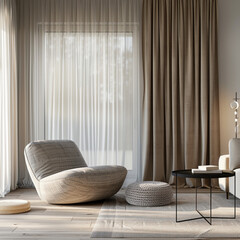 Capturing the unique blend of functionality and style in a living room adorned with dimout curtains and minimalist scandinavian furniture. 