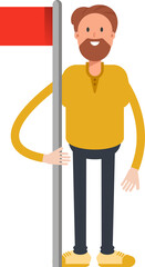Beard Man Character Holding Flag Pole
