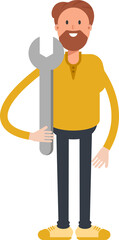 Beard Man Character Holding Wrench
