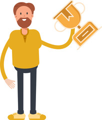 Beard Man Character Holding Up Trophy
