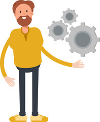 Beard Man Character Holding Gears
