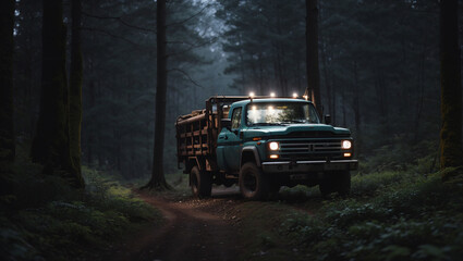 Obraz premium a green truck with a large canopy, parked in a dark forest.