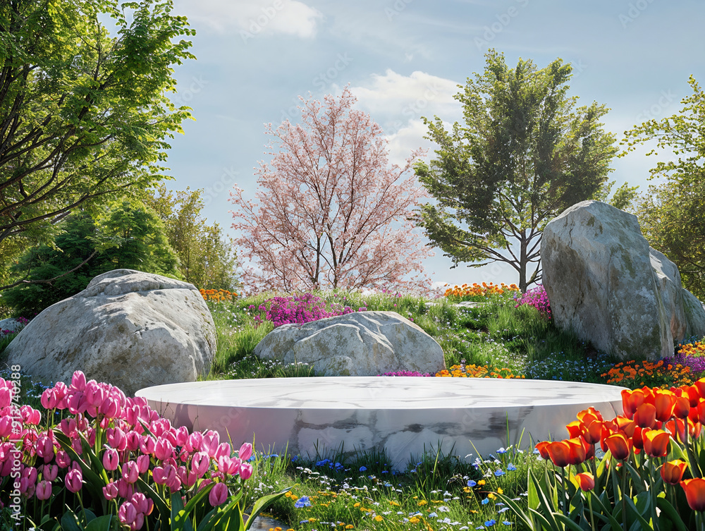 Poster empty marble podium displaying with colorful flowers in a garden with trees and rocks on a sunny day