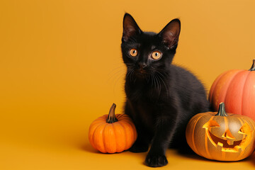 Black Cat Posing With Pumpkins for Halloween