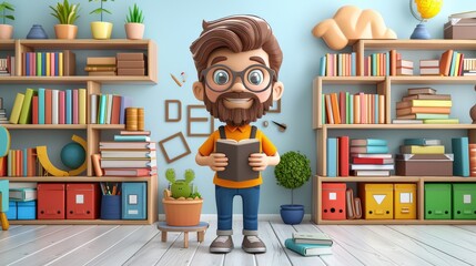 Stylish 3D clipart of a teacher with a chalkboard, featured in a cheerful and colorful classroom with a white background, conveying a dynamic and professional teaching image
