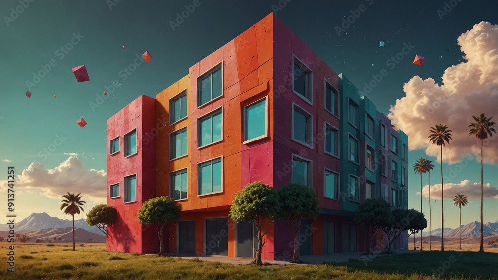 Poster modern colorful building with large windows surrounded by trees and a scenic landscape