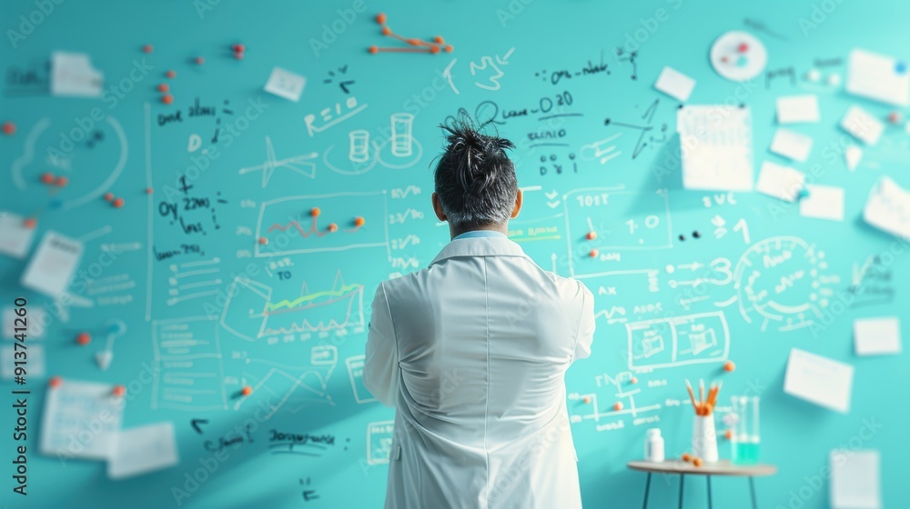 Poster a scientist standing in front of a whiteboard covered in data and charts, representing the analysis 
