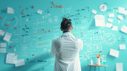 A scientist standing in front of a whiteboard covered in data and charts, representing the analysis of knowledge in scientific research.