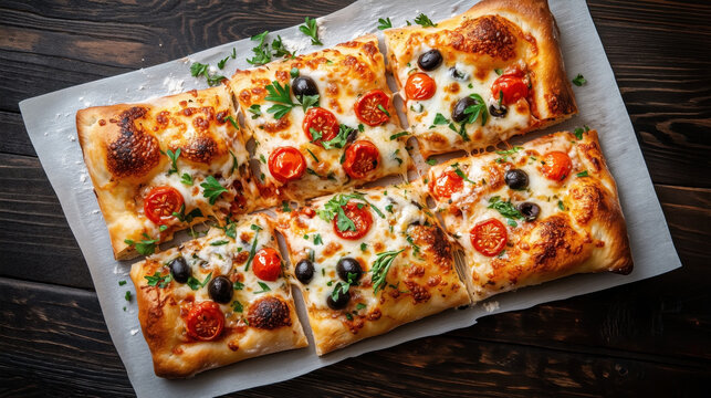 Traditional Italian food Pizza al Taglio, rectangular pizza slices with melted cheese, cherry tomatoes, black olives, and garnished with fresh herbs.