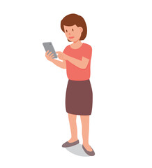 Woman in casual clothing and happy mood using smart phone with fingers / touch / hand gestures on touch screen