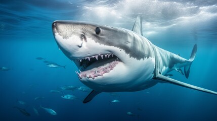 Fototapeta premium Ocean shark bottom view from below. Open toothy dangerous mouth with many teeth. Neural network ai generated art