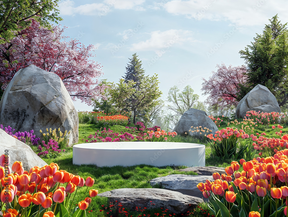Aufkleber white round podium displaying on green grass field with colorful tulips and rocks in spring garden