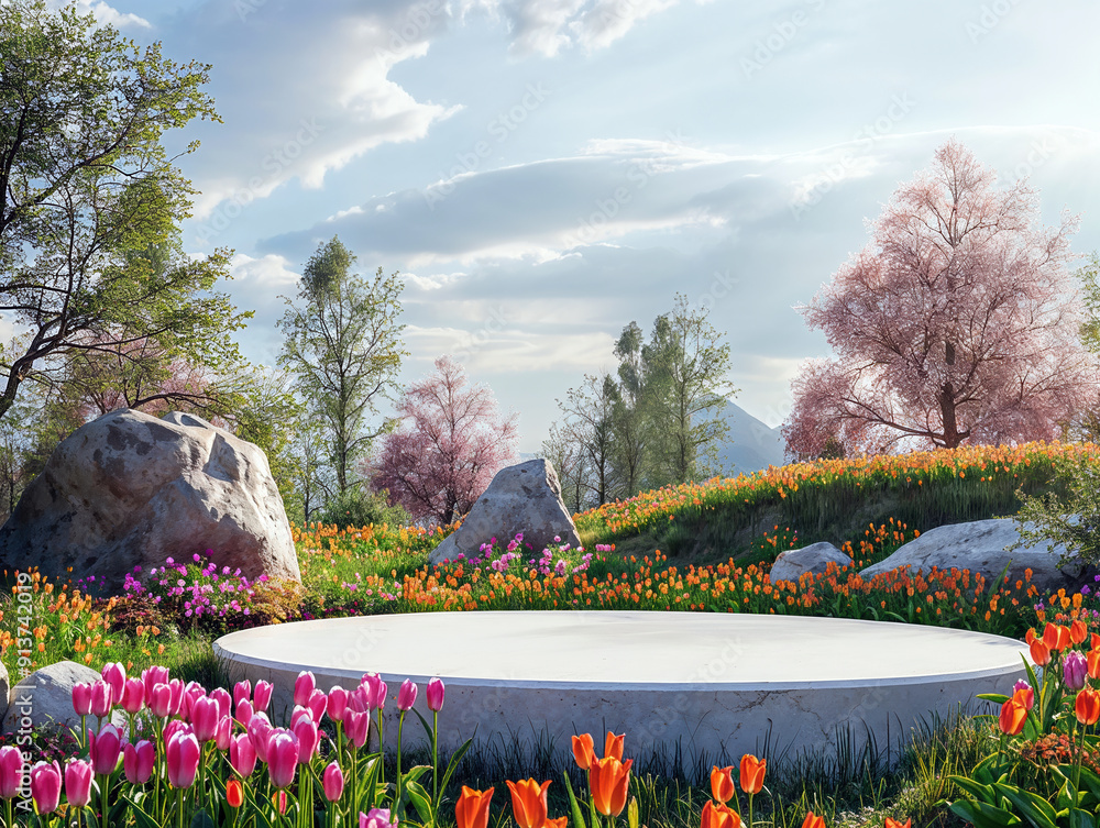 Aufkleber empty round showcase with colorful tulips blooming in a spring garden with trees and rocks