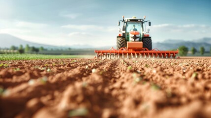 Fototapeta premium A powerful tractor pulling a plow through a freshly tilled field, showcasing the force and precision of modern farming equipment.