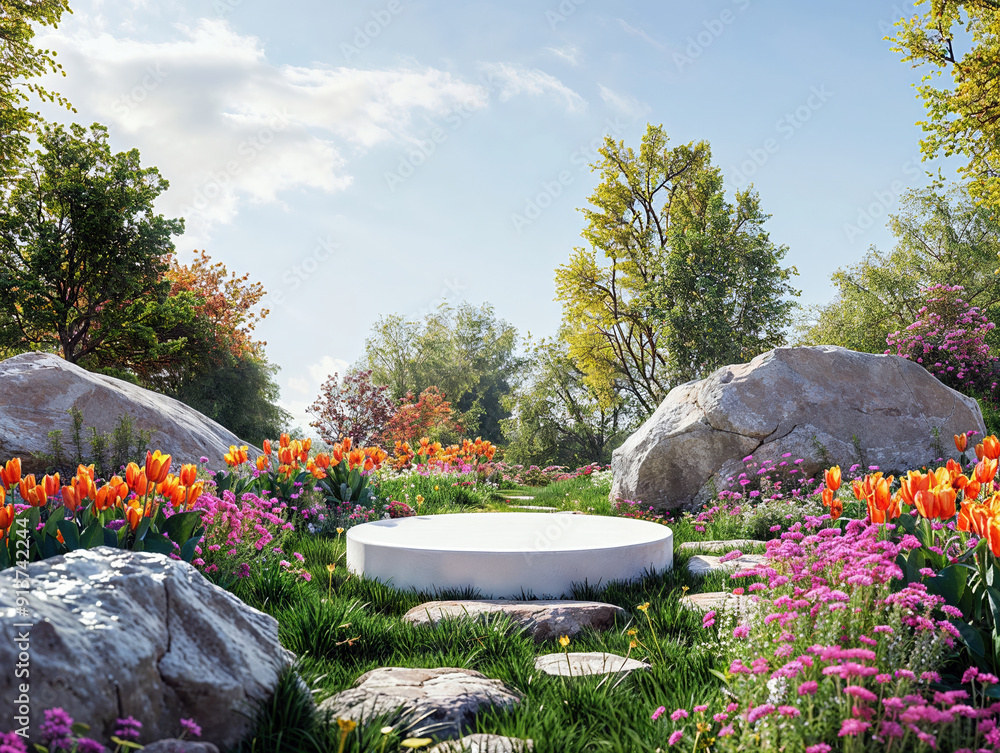 Poster white empty podium with colorful flowers in a spring garden for product placement
