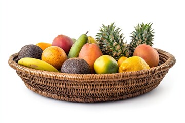 Woven basket with mixed tropical fruits isolated on white background