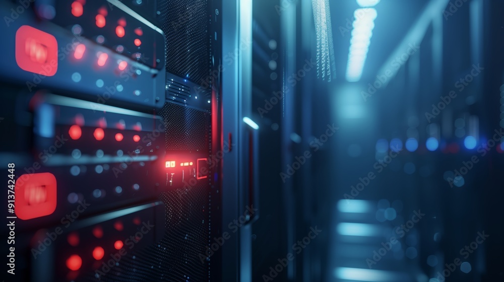 Aufkleber data center interior with rows of server racks illuminated by colorful led lights