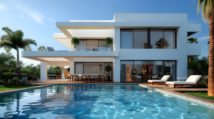 Fototapeta premium Modern Luxury Villa with Pool and Patio - 3D Illustration