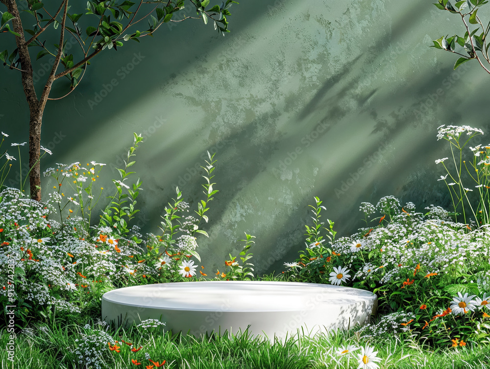 Aufkleber round empty platform with flowers in a garden with a green wall background