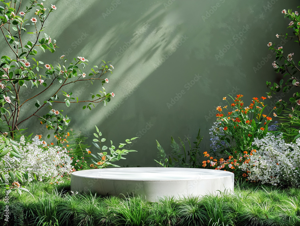 Poster Round empty platform with flowers and plants displaying a cosmetic product on a green wall background with natural light