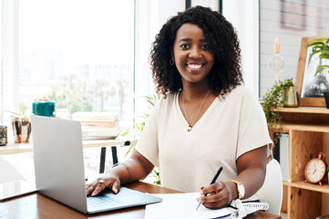 African woman, laptop and portrait at startup for writing, smile or pride with notebook in office....