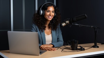 Woman hosting podcast show, recording an episode in a professional studio on a solid colour background