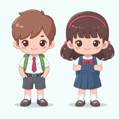 Smiling school children boys and girls with backpacks and books set isolated vector illustration