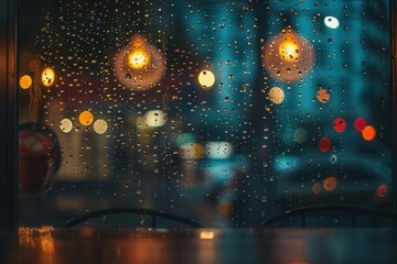 Coffee shop window with rain drops and blurred city lights, moody, dark tones, cinematic